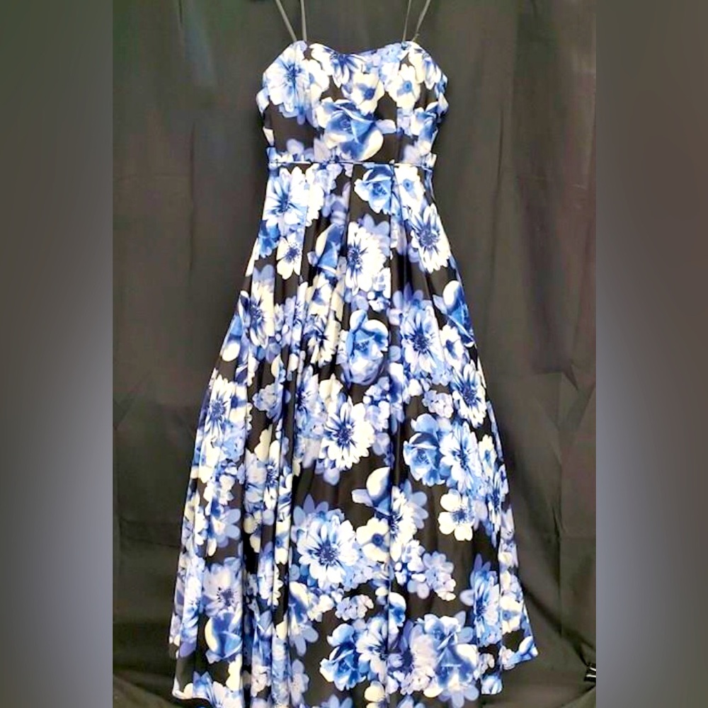 NWT Blonde nites by Stacy Sklar Black w/Blue & White Florals Strapless Dress